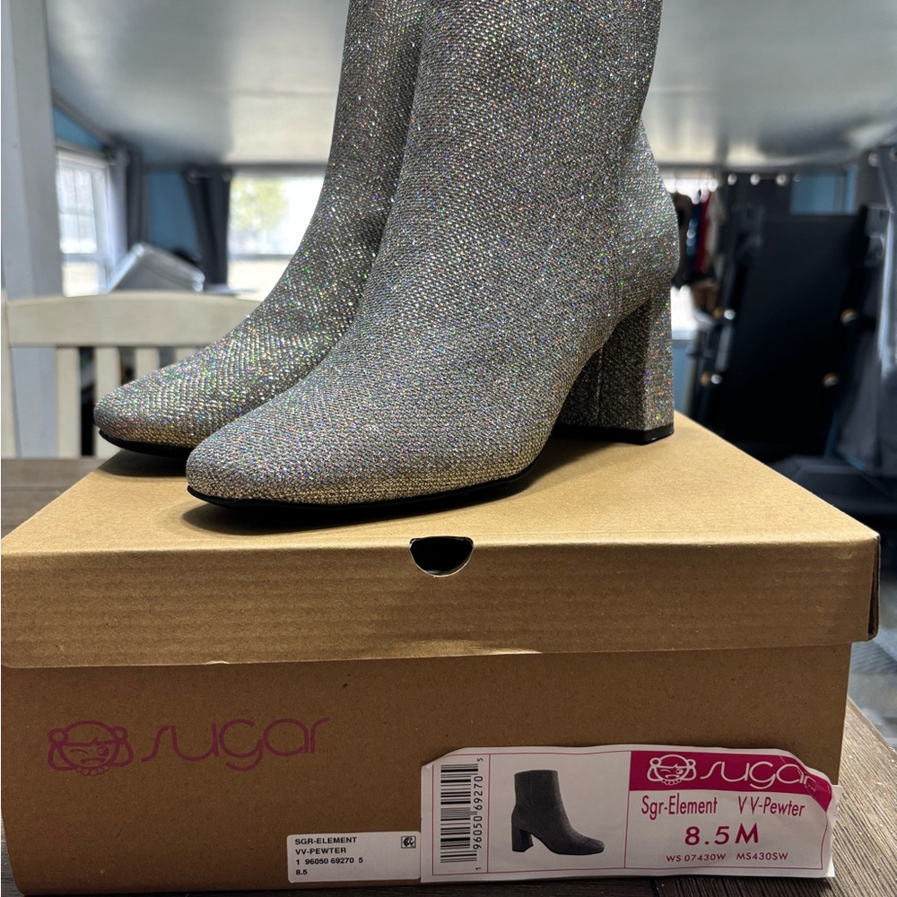 Sugar Silver Glitter Block Heel Ankle Boots